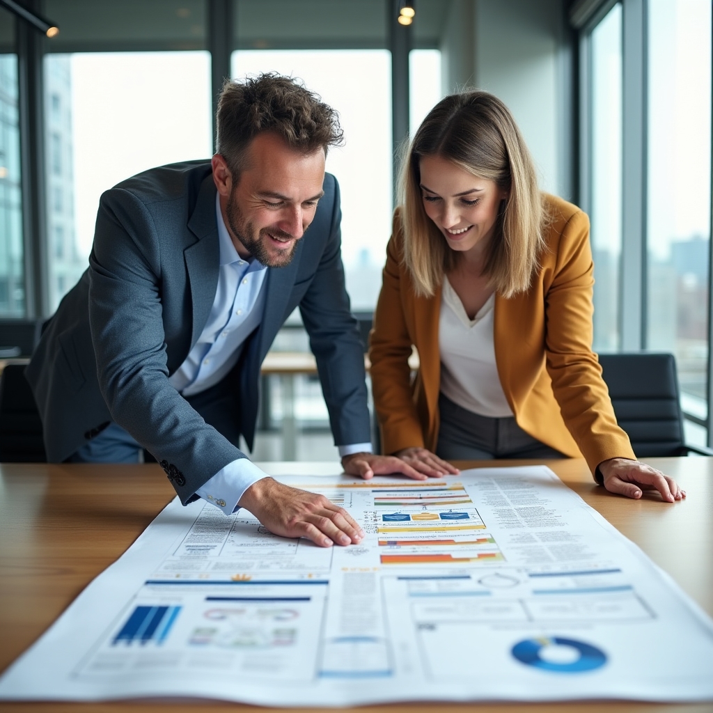 Two consultants mapping a firm knowledge base structure on a large printed process diagram