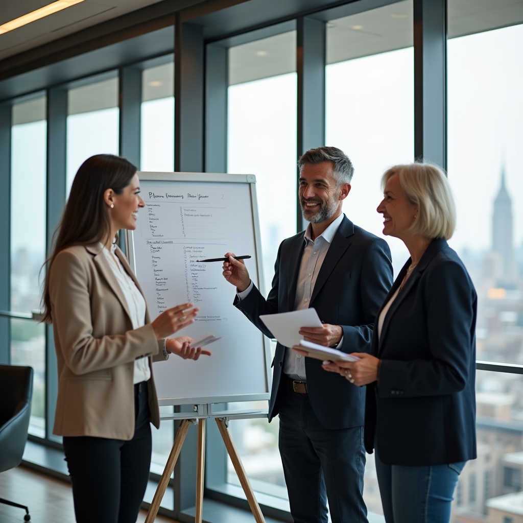 Small team of legal operations staff reviewing a matter management checklist on a whiteboard